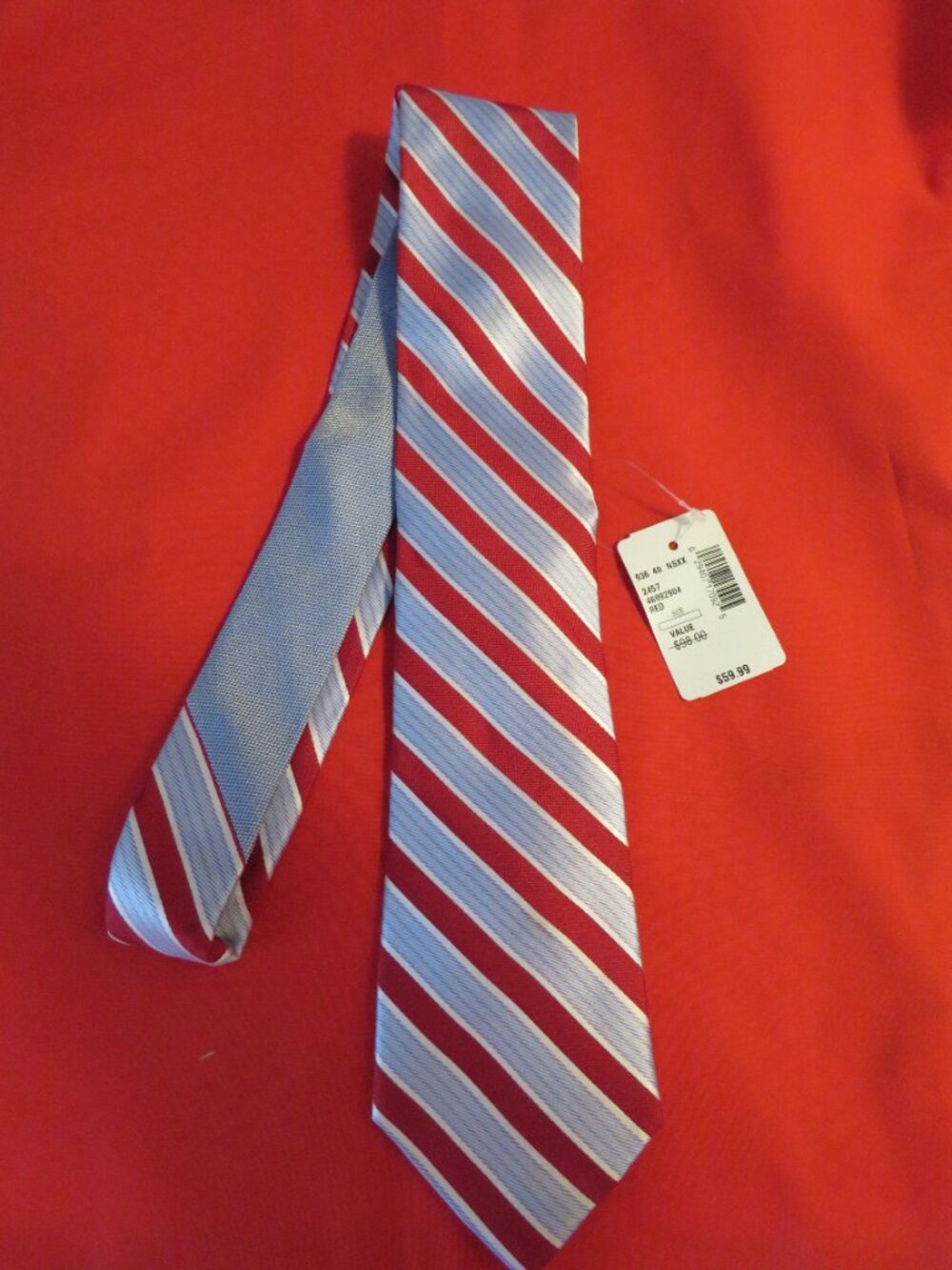 NWT Saks Fifth Avenue Men’s Tie Red Blue White Striped Necktie $98 MSRP